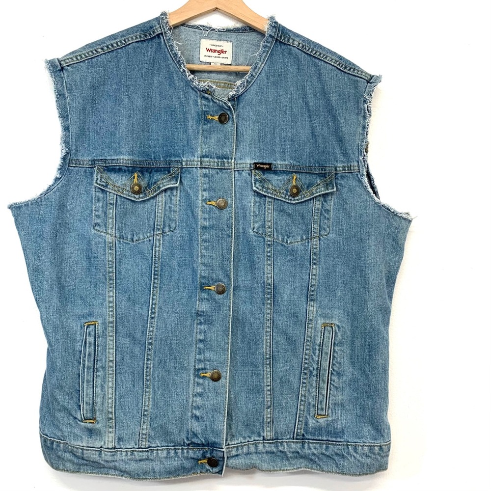 Wrangler Mens Denim Trucker Vest Frayed Blue 100% Cotton Western Biker Men XL